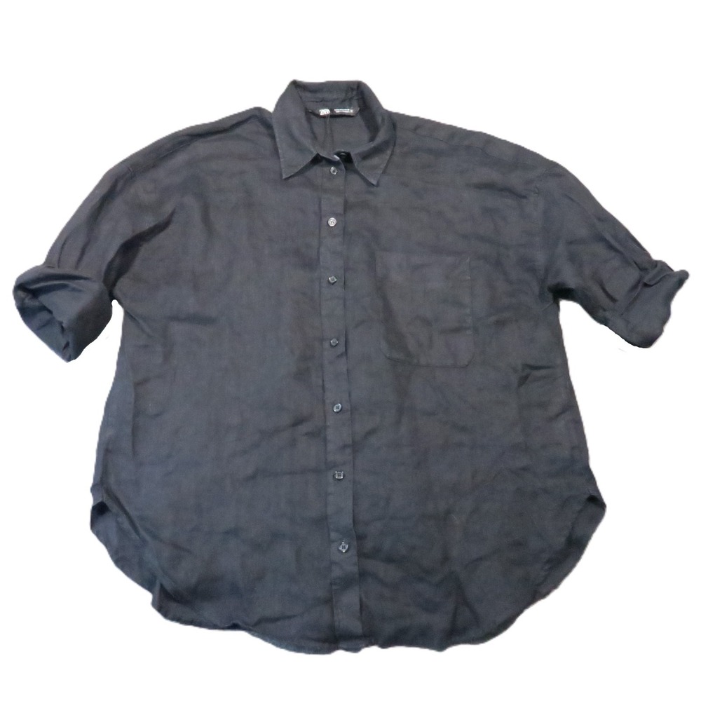 Zara Linen Shirt S Black Oversized Button Up Minimalist Vacation Resort Luxury